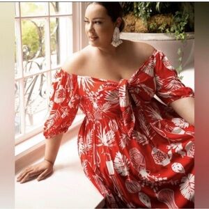 Eloquii red white tropical Tie Front Maxi Dress cotton floral cutout 28